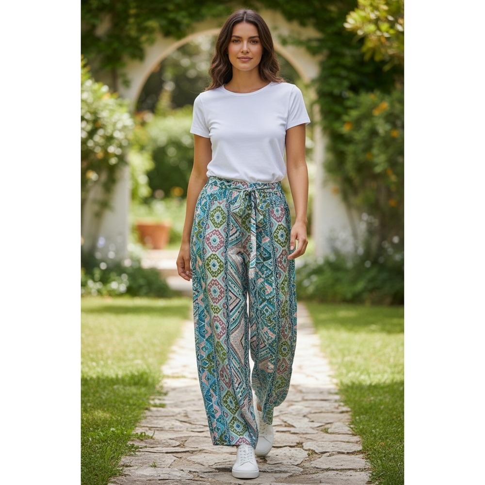 New Look Blue Geometric Print Wide Leg Palazzo Pants Size Medium Boho Rayon
